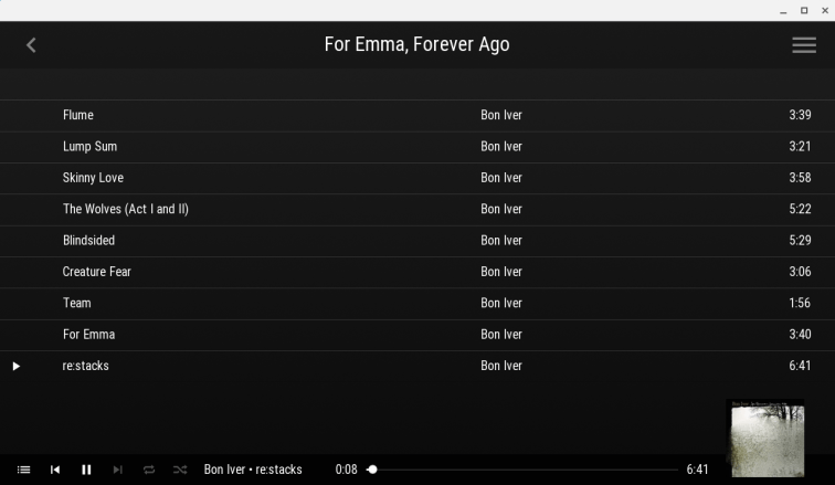Screenshot of Movian playing music from Logitech Media Server