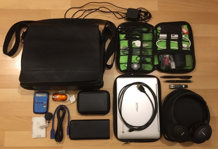 Photo of my bag and its contents (start of 2018)