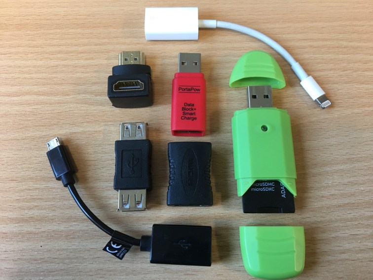 Photo of assorted computing adapters
